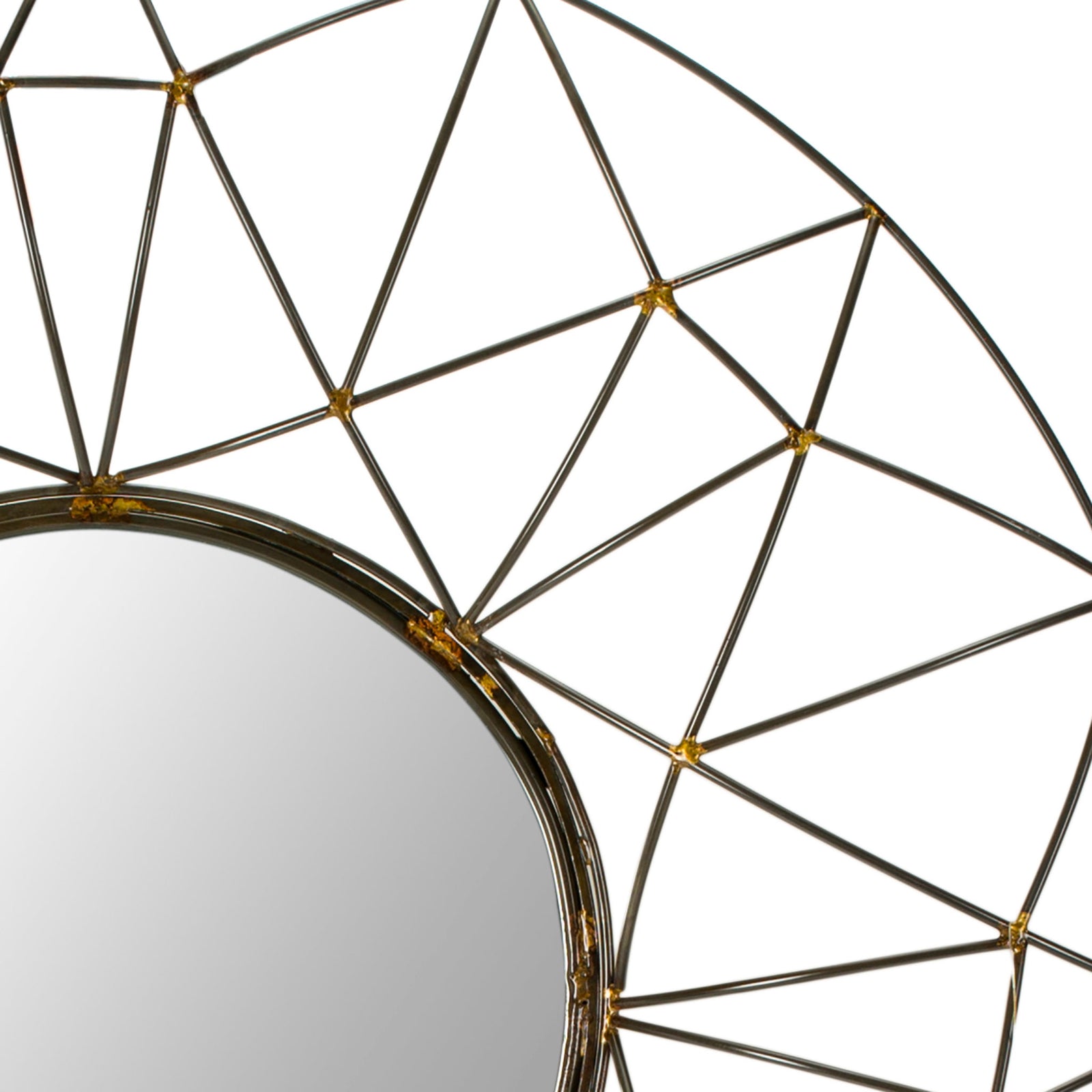 Fine bronze-toned rods meet at golden joints, forming an airy geometric frame around the mirror. || MIR4015A || detail_studio