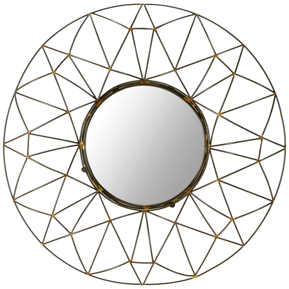 Round wall mirror with a small circular glass center encircled by an open bronze lattice. || MIR4015A || front_studio