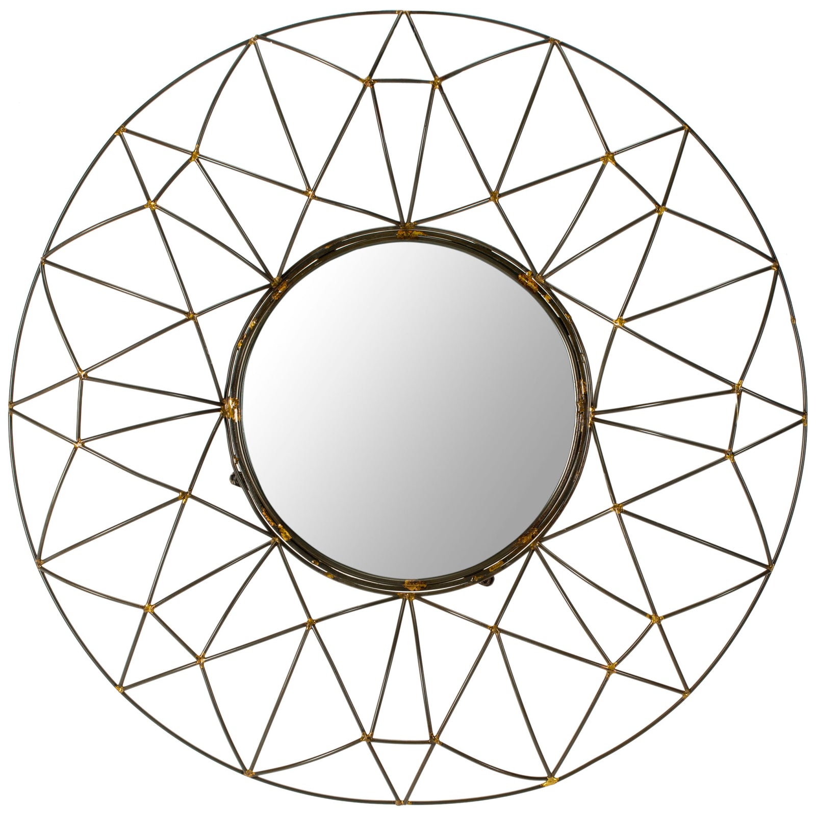 Round wall mirror with a small circular glass center encircled by an open bronze lattice. || MIR4015A || front_studio