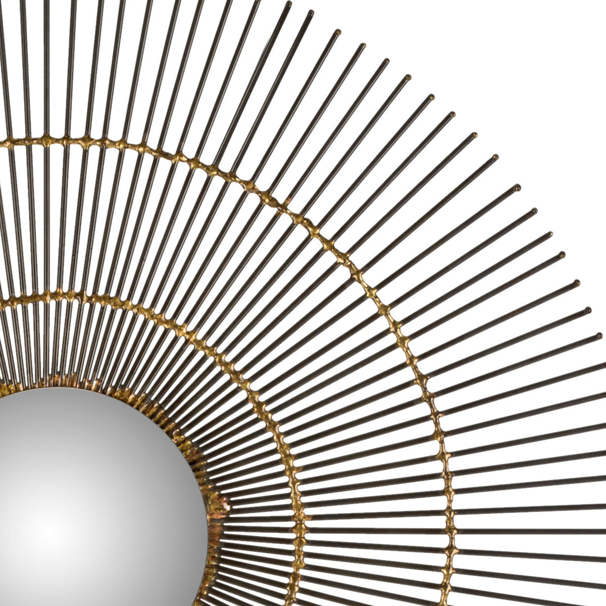 Fine metal rays radiate from a round mirror through warm gold rings. || MIR4021A || detail_studio