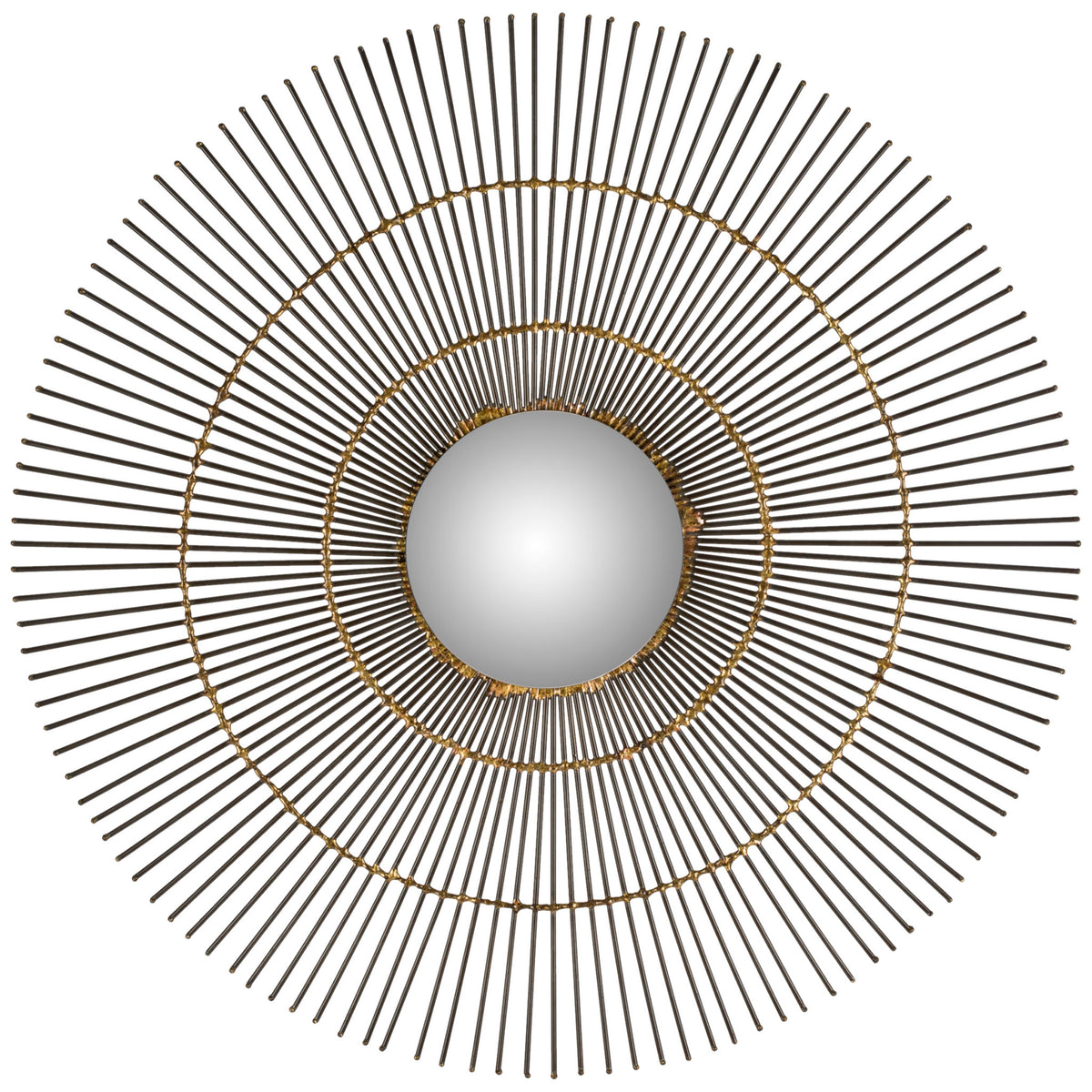 A round central mirror is framed by radiating metal rays and two concentric gold rings. || MIR4021A || front_studio