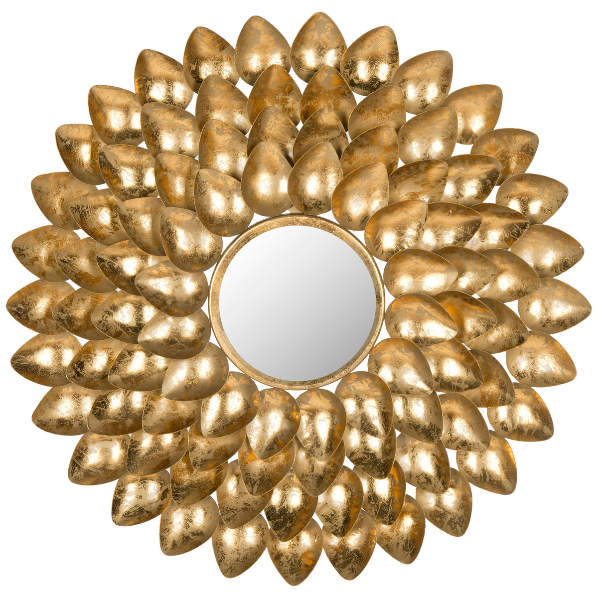 Curved metal leaves radiate around a round mirror, creating a dimensional antique gold sunburst || MIR4029A || front_studio