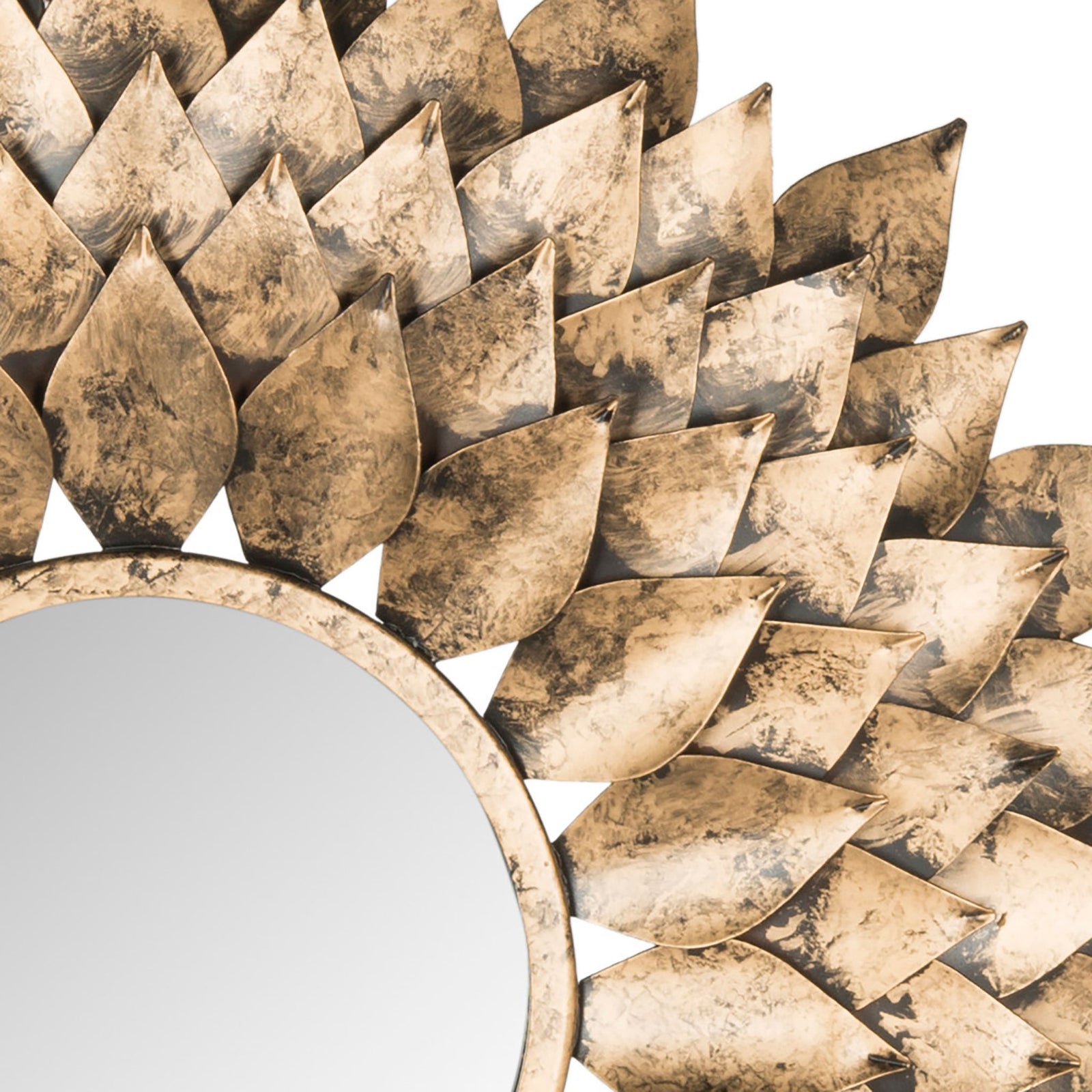 Overlapping gold metal petals show an antiqued finish around the mirror's slender frame. || MIR4041A || detail_studio