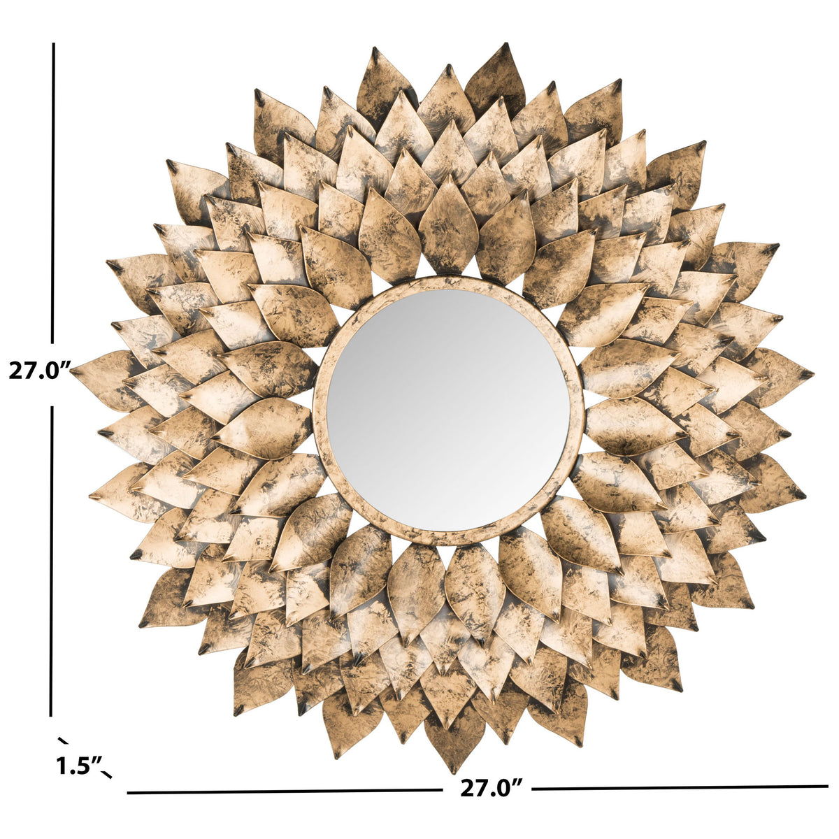 A 27-inch sunburst mirror pairs a round reflective center with rows of textured gold petals.