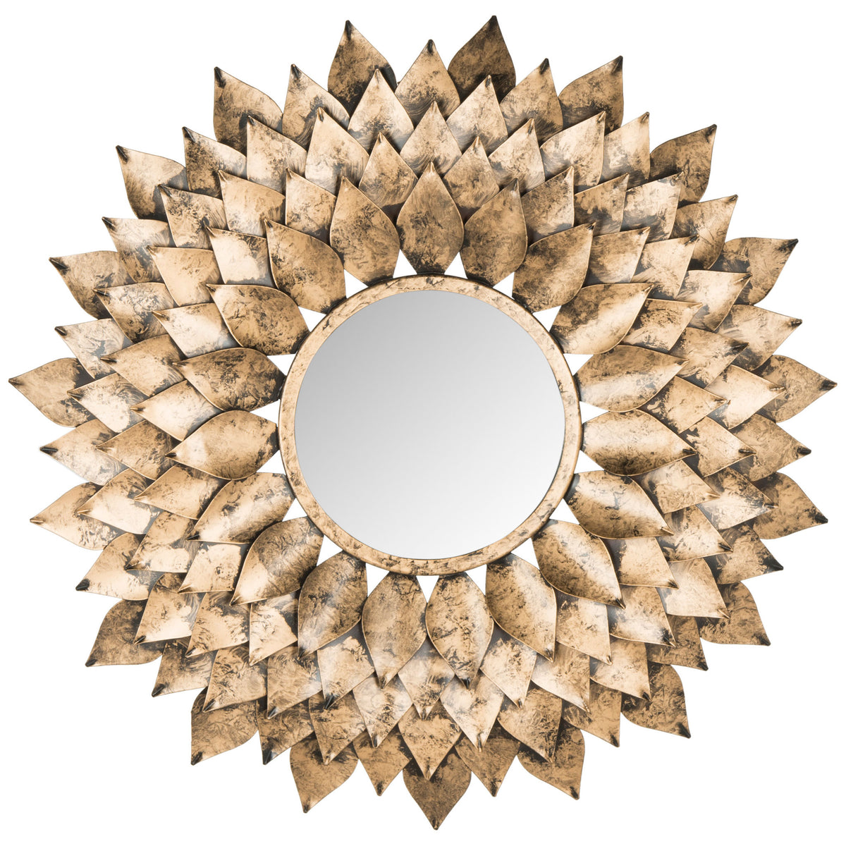 Layered, antiqued gold petals radiate from a round mirror for a bold sunburst accent. || MIR4041A || front_studio