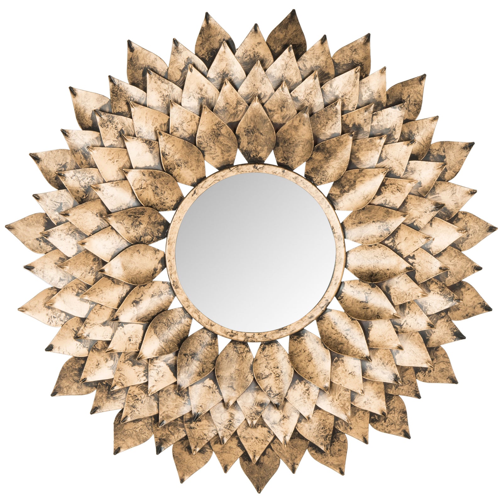 Layered, antiqued gold petals radiate from a round mirror for a bold sunburst accent. || MIR4041A || front_studio