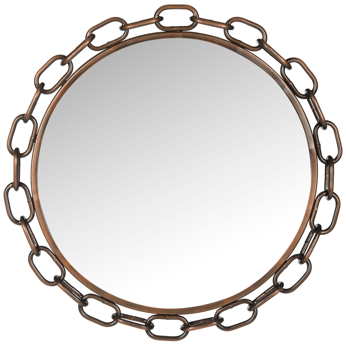 Round wall mirror pairs reflective glass with an open chain-link frame in antique copper || MIR4042A || front_studio
