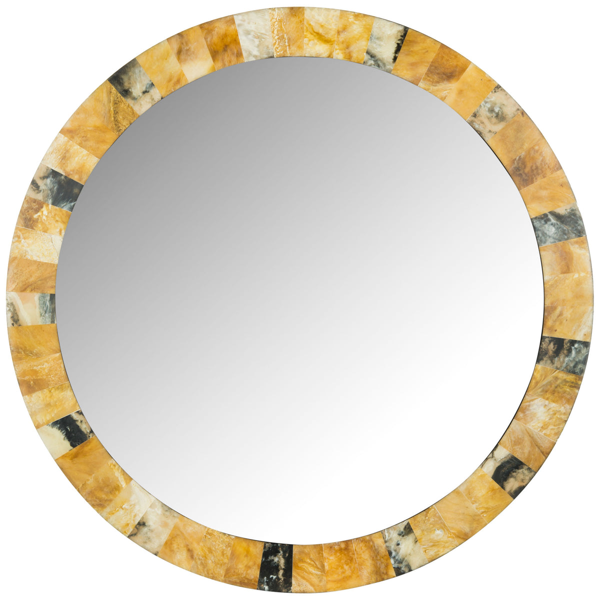 Round wall mirror features a mosaic-style frame in amber, cream, and charcoal || MIR4051A || front_studio