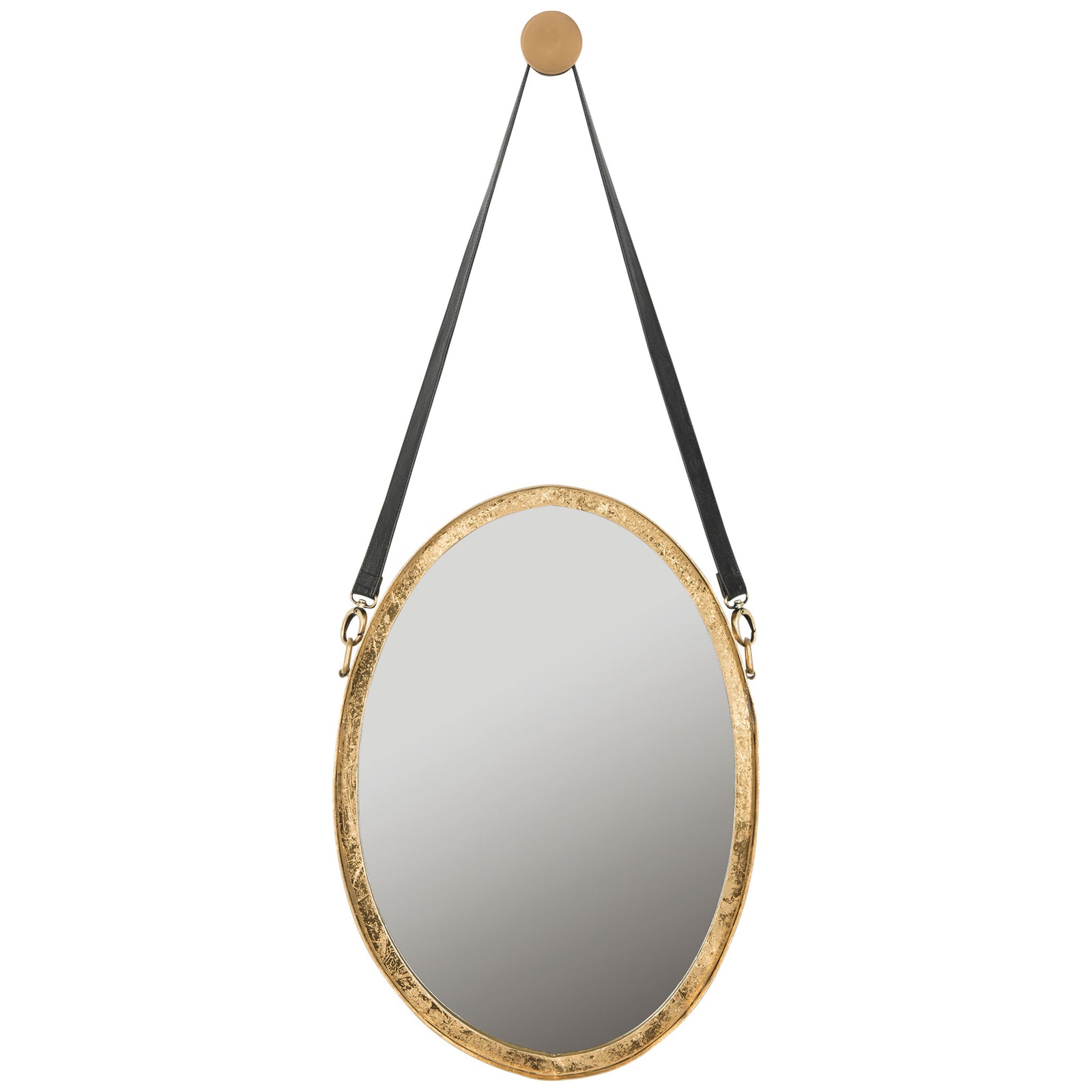A textured antique gold oval frame and black leather strap create a striking vertical wall mirror. || MIR4066A || front_studio