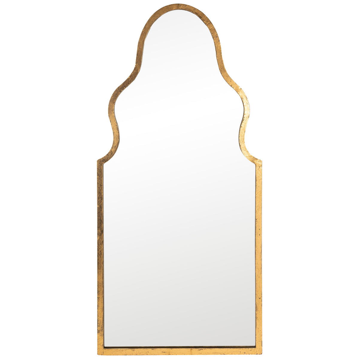 A tall mirror combines an ornate arched top, straight base, and textured gold frame. || MIR4094A || front_studio