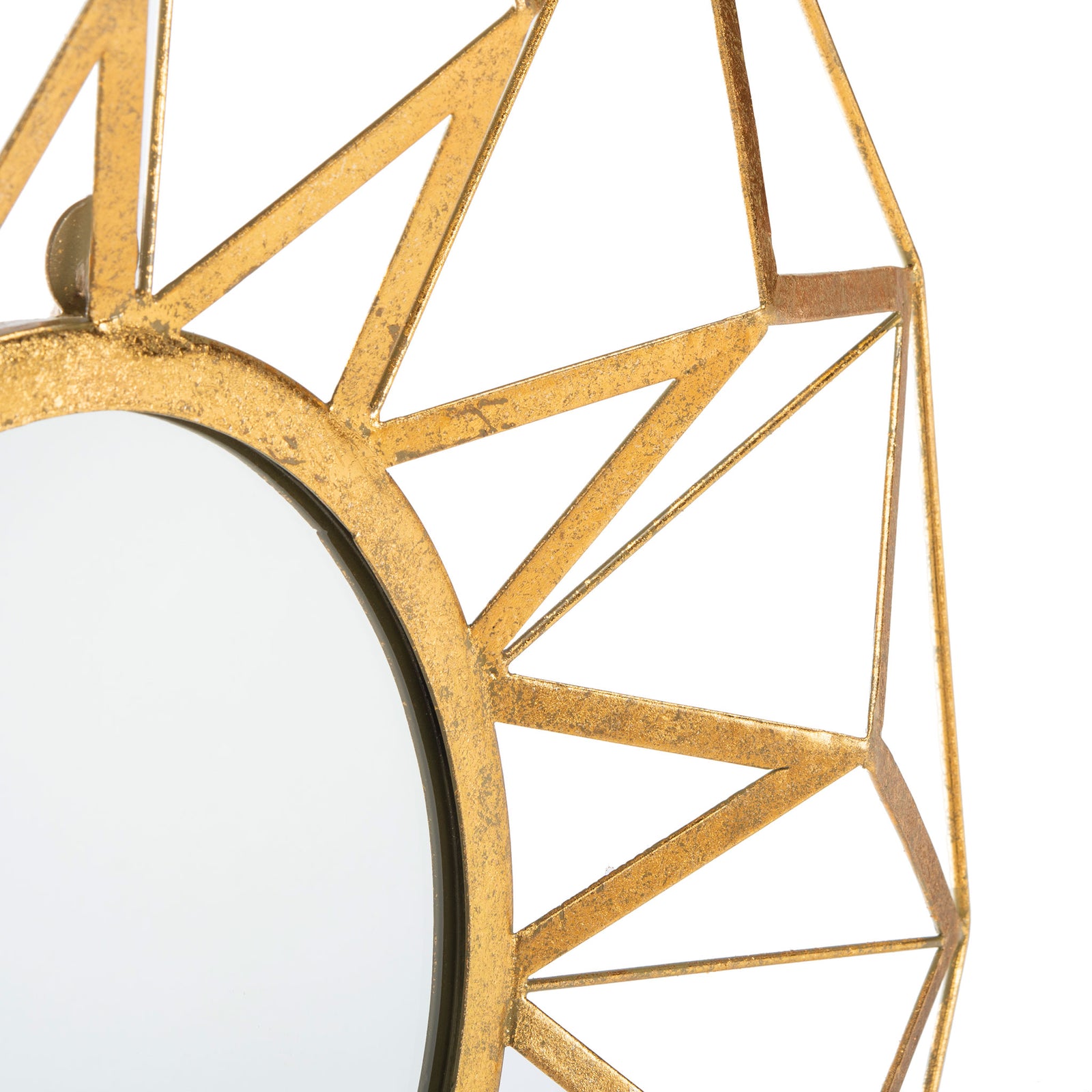 Textured gold spokes form an airy geometric pattern around the round mirror || MIR4099A || detail_studio