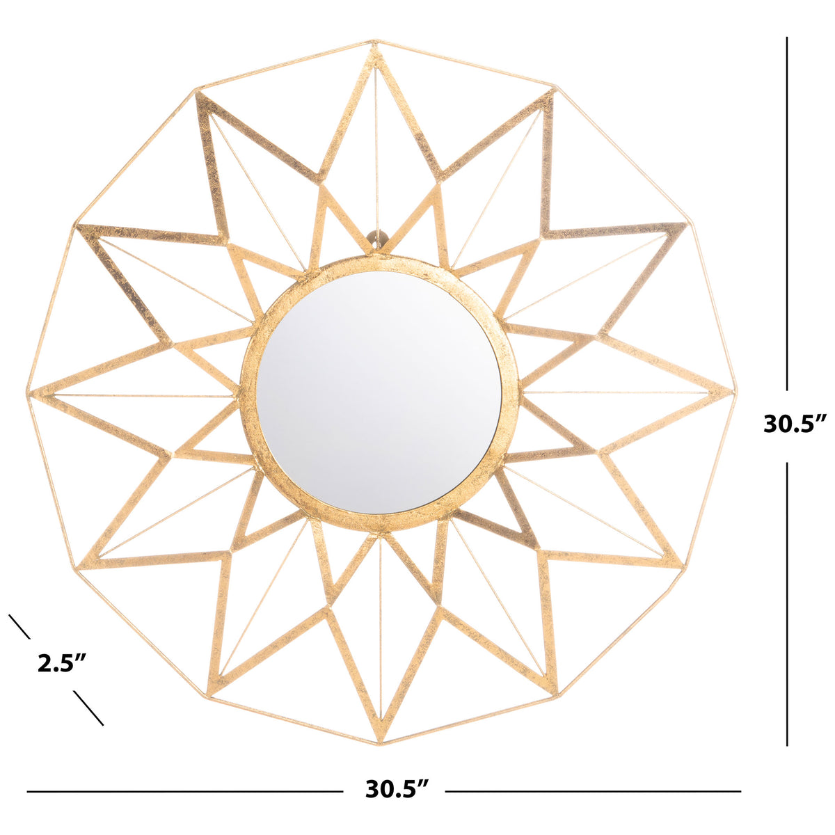 Geometric gold wall mirror measures 30.5 inches wide and tall with a 2.5-inch depth || MIR4099A || dimension_studio