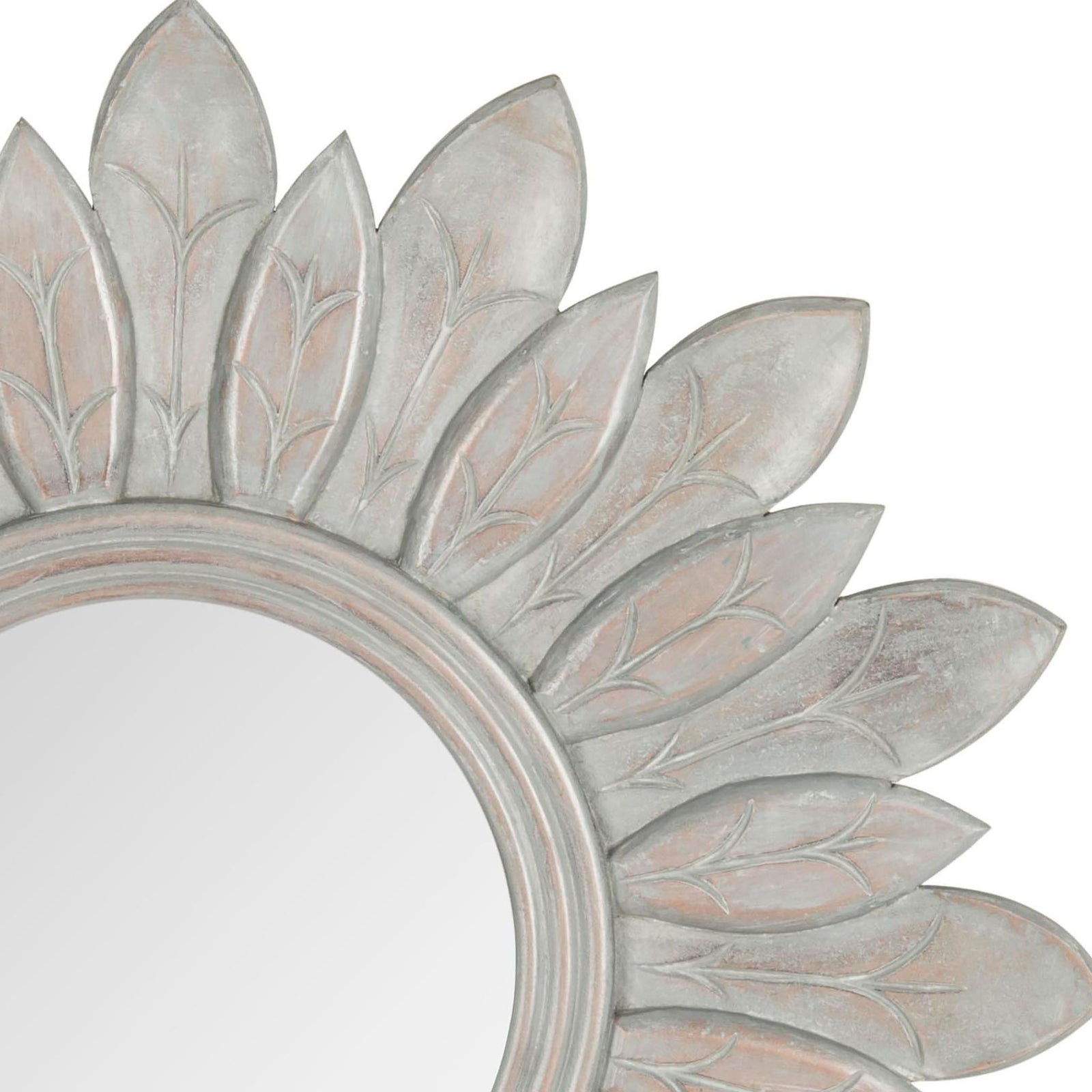 Veined, leaf-shaped rays reveal a textured gray finish around the round mirror || MIR5003A || detail_studio