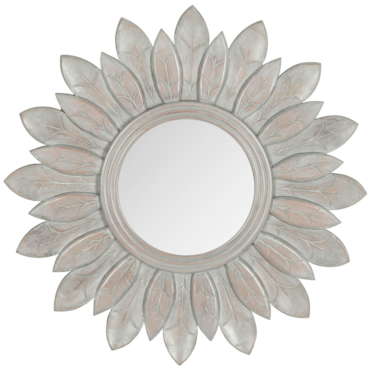 Soft gray sunburst mirror with layered carved leaves and a round reflective center || MIR5003A || front_studio