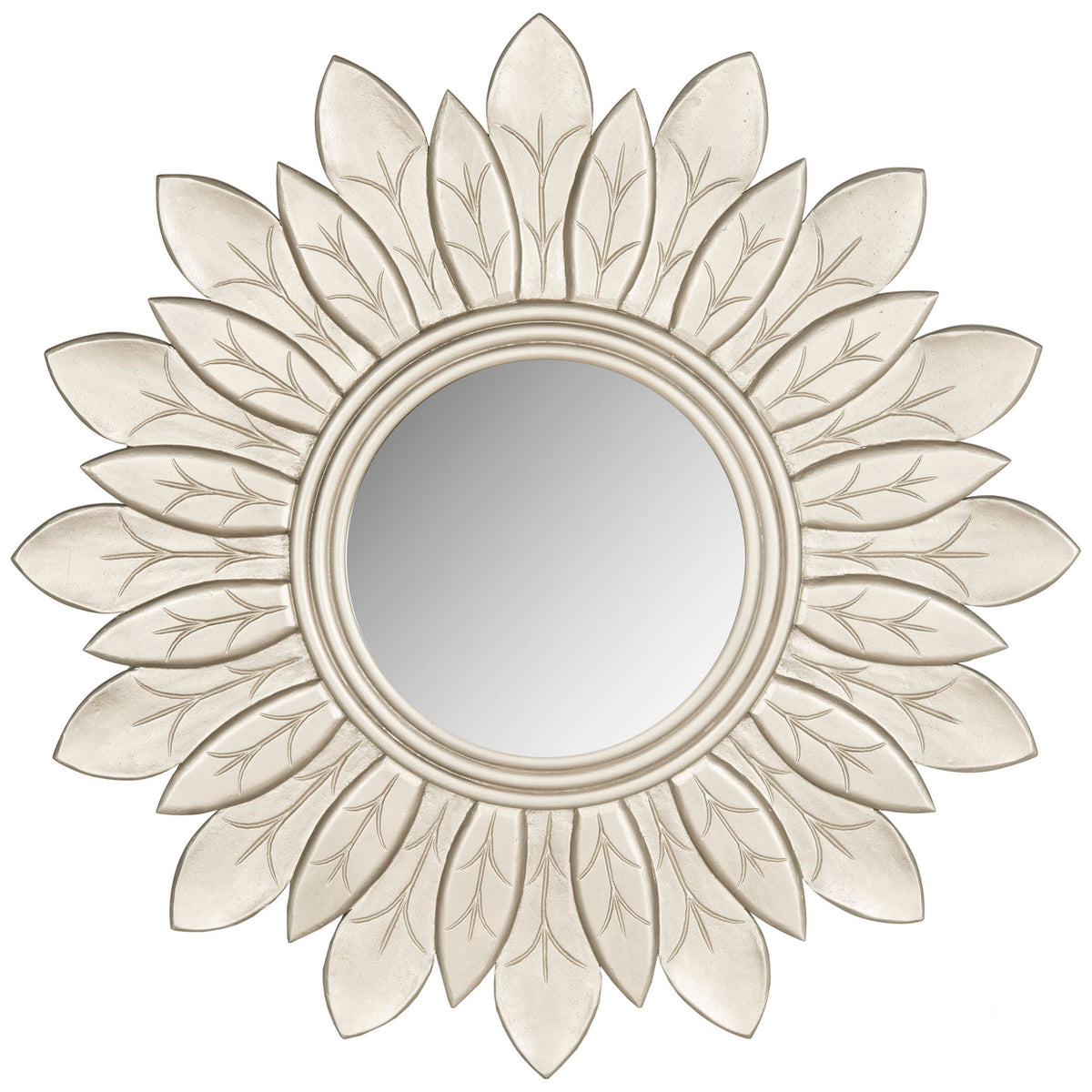 Pewter sunburst mirror with layered leaf-shaped rays around a round glass center || MIR5003B || front_studio