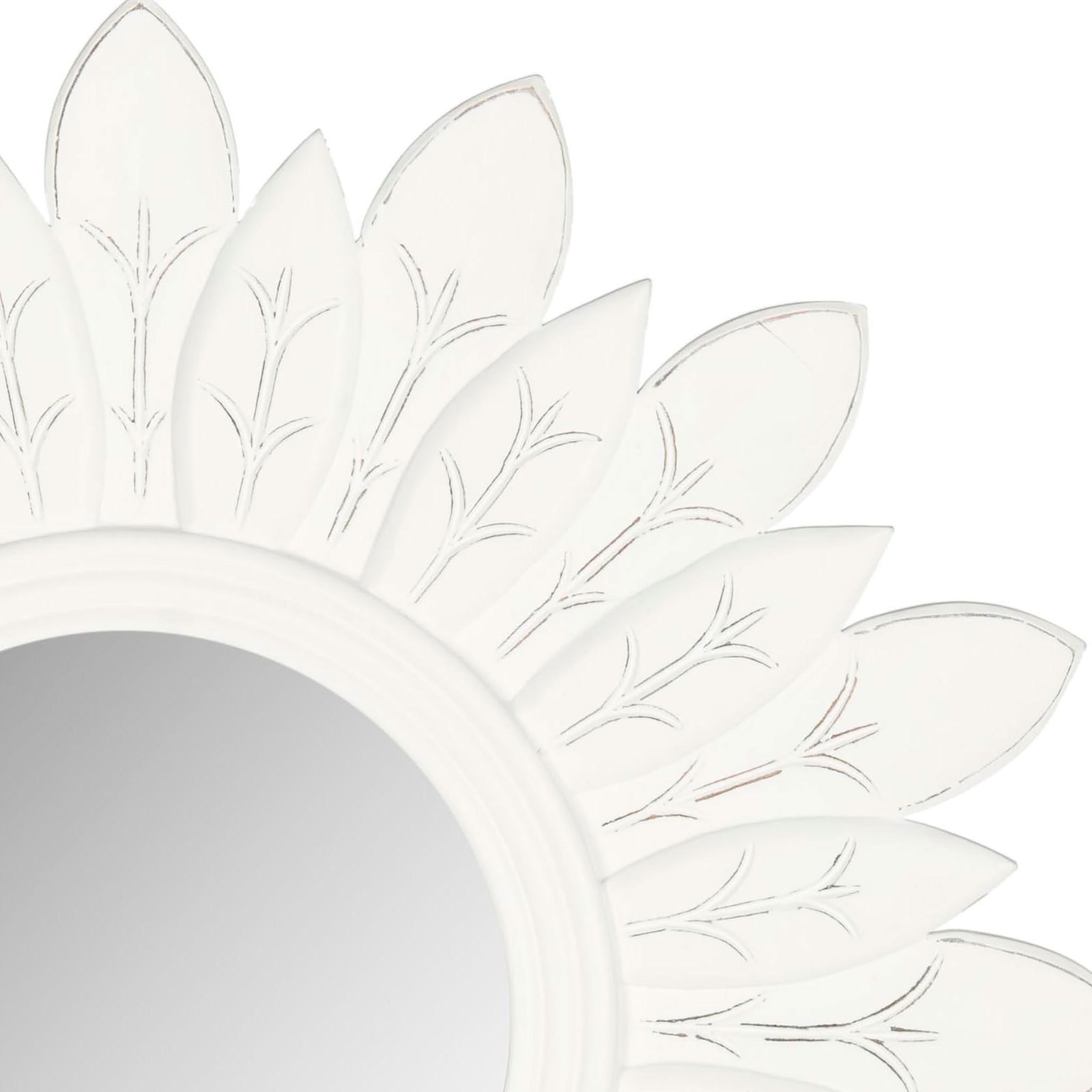 Carved white petals with delicate branch-like markings frame the round mirror || MIR5003D || detail_studio