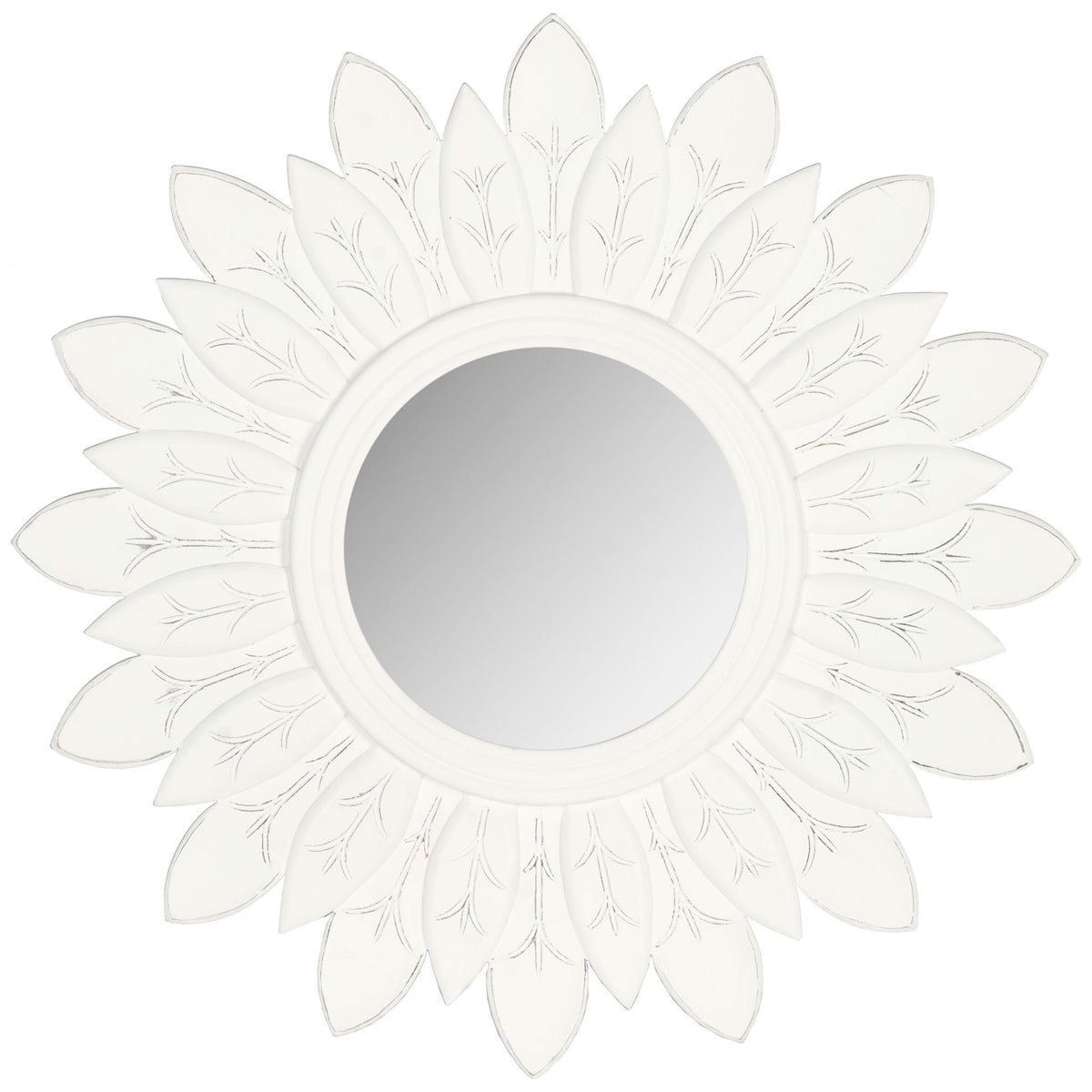 Antique white sunburst mirror with layered, carved leaf-shaped rays around a round glass center || MIR5003D || front_studio