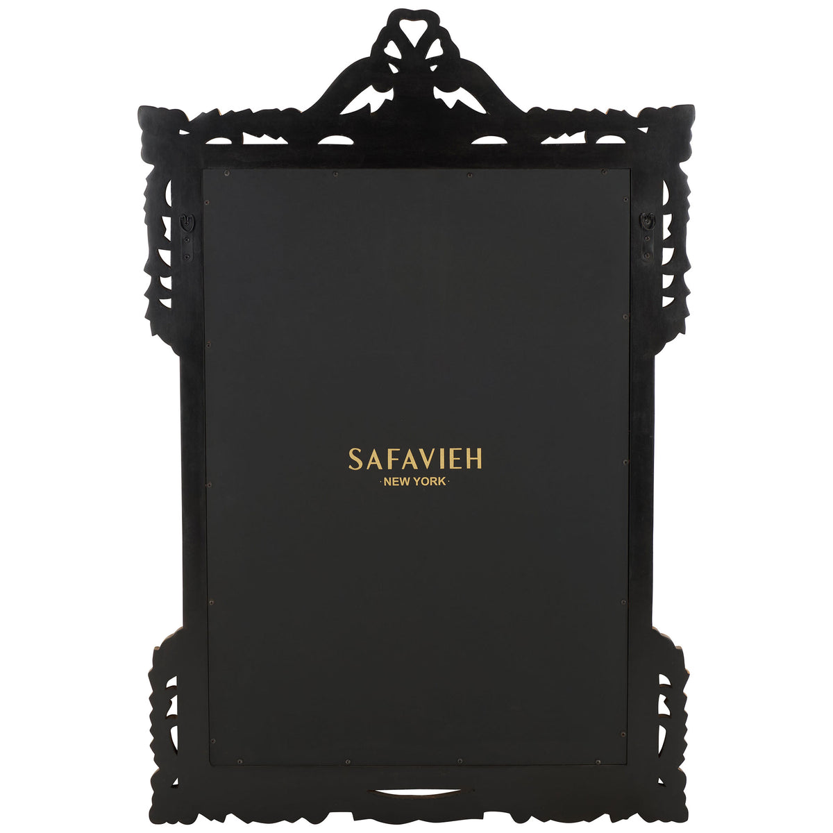 A dark backing panel and discreet hanging hooks support the ornate mirror frame || MIR5004C || back_studio