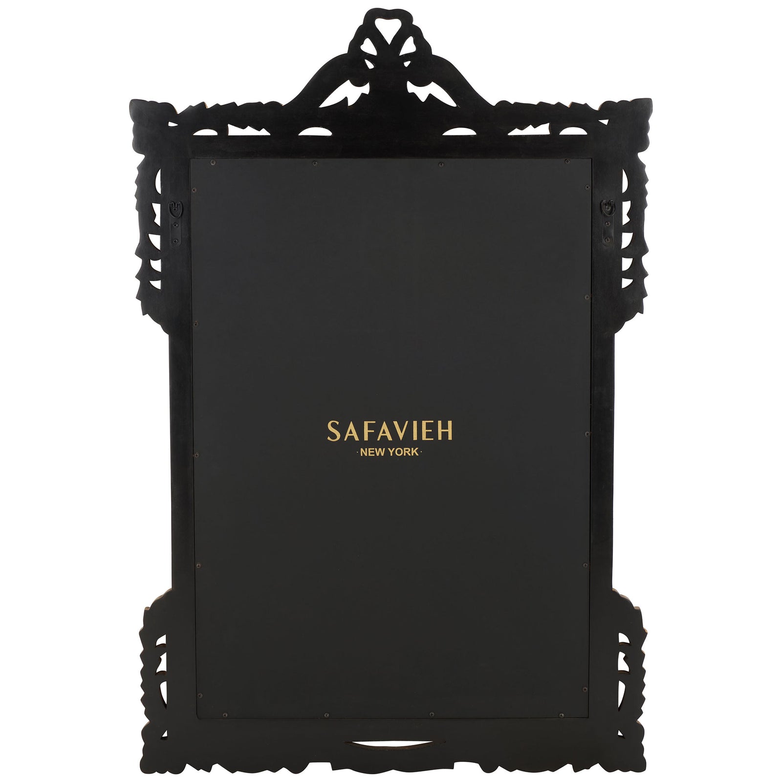 A dark backing panel and discreet hanging hooks support the ornate mirror frame || MIR5004C || back_studio