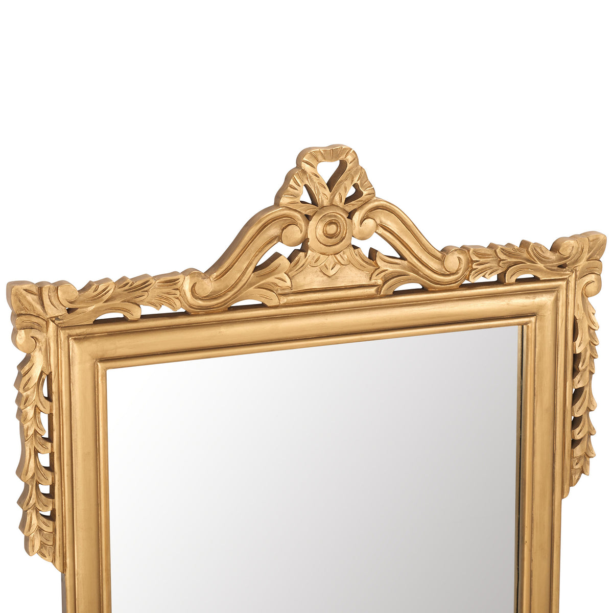 Golden scrollwork and carved leaf motifs accent the raised mirror crest || MIR5004C || detail_studio
