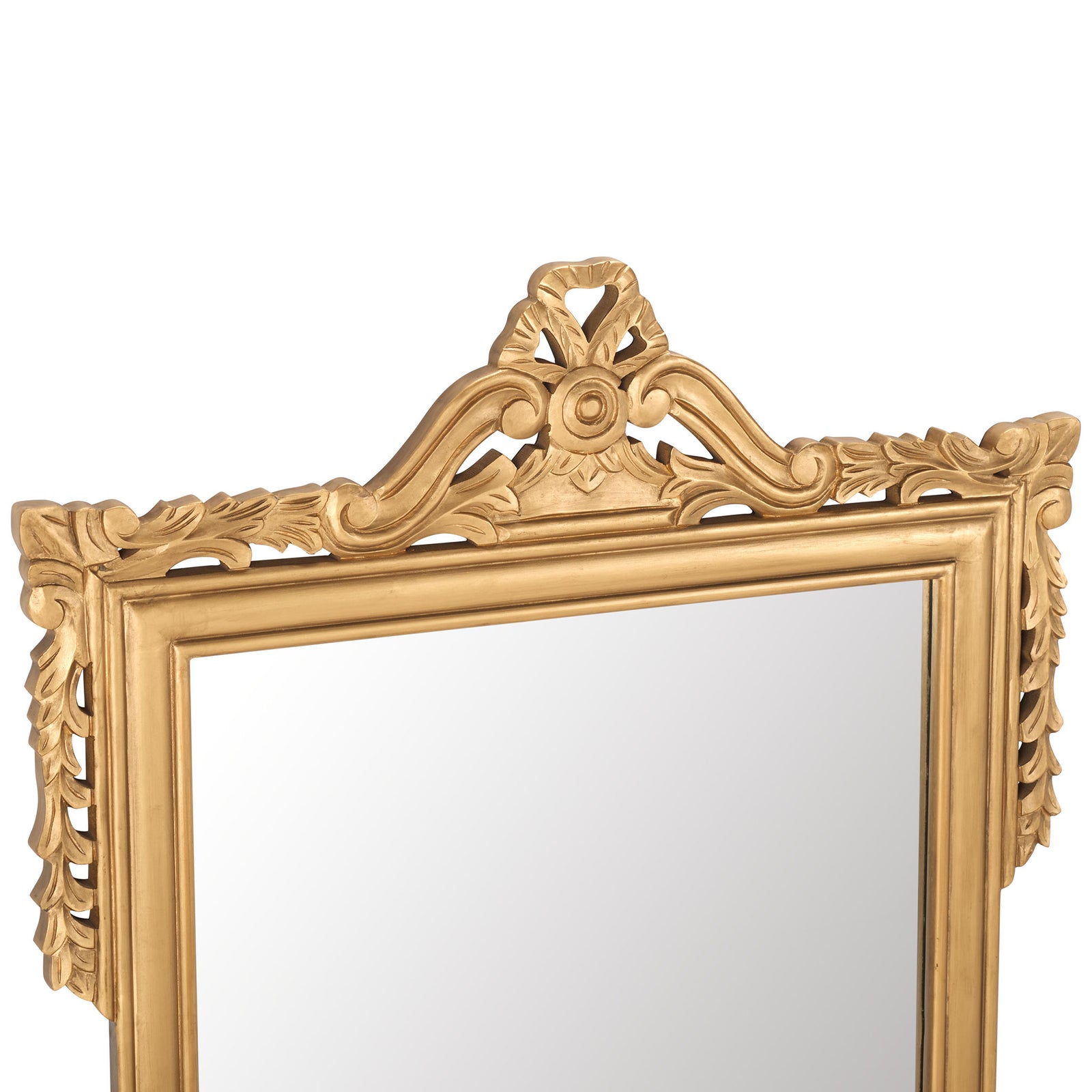 Golden scrollwork and carved leaf motifs accent the raised mirror crest || MIR5004C || detail_studio