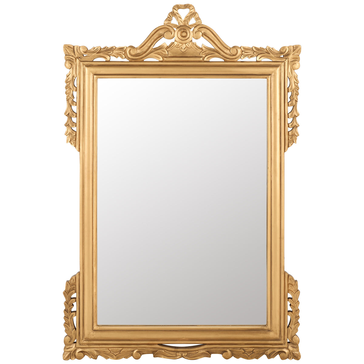 A warm gold frame surrounds the tall mirror with a sculpted crest and leafy edges || MIR5004C || front_studio