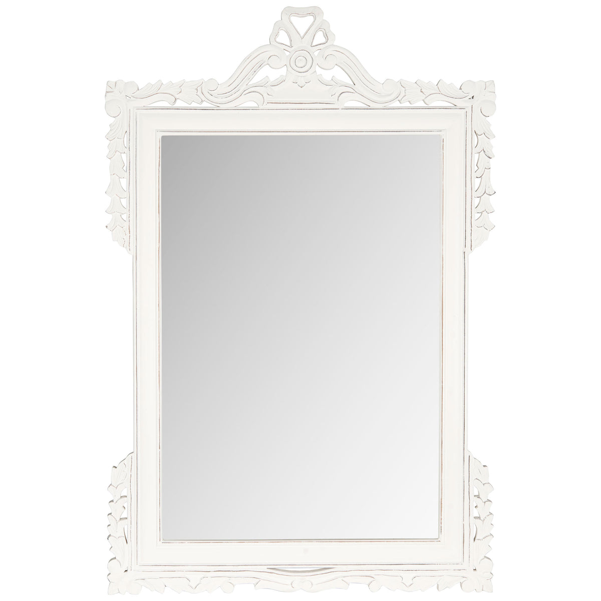 An antique white frame with leafy flourishes surrounds a tall rectangular mirror || MIR5004D || front_studio