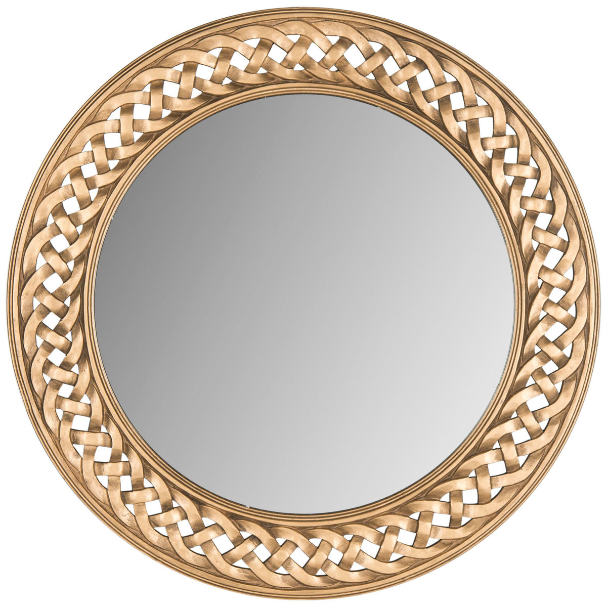 An intricate braided gold frame encircles this round mirror for a timeless decorative accent || MIR5005C || front_studio