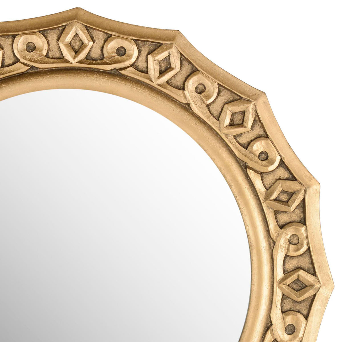 Carved gold scrolls and raised diamond motifs add texture around the mirror glass || MIR5006C || detail_studio