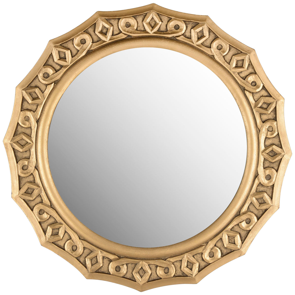 Round wall mirror with an ornate gold frame featuring carved scrolls and diamond motifs || MIR5006C || front_studio