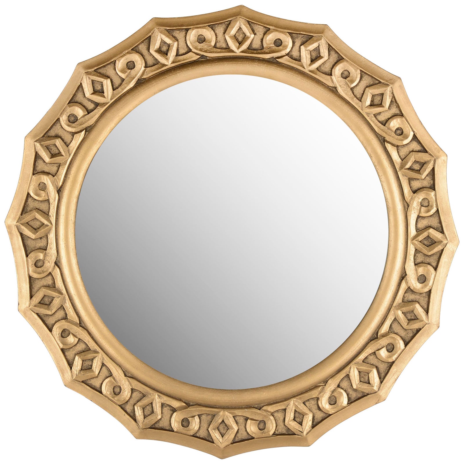 Round wall mirror with an ornate gold frame featuring carved scrolls and diamond motifs || MIR5006C || front_studio