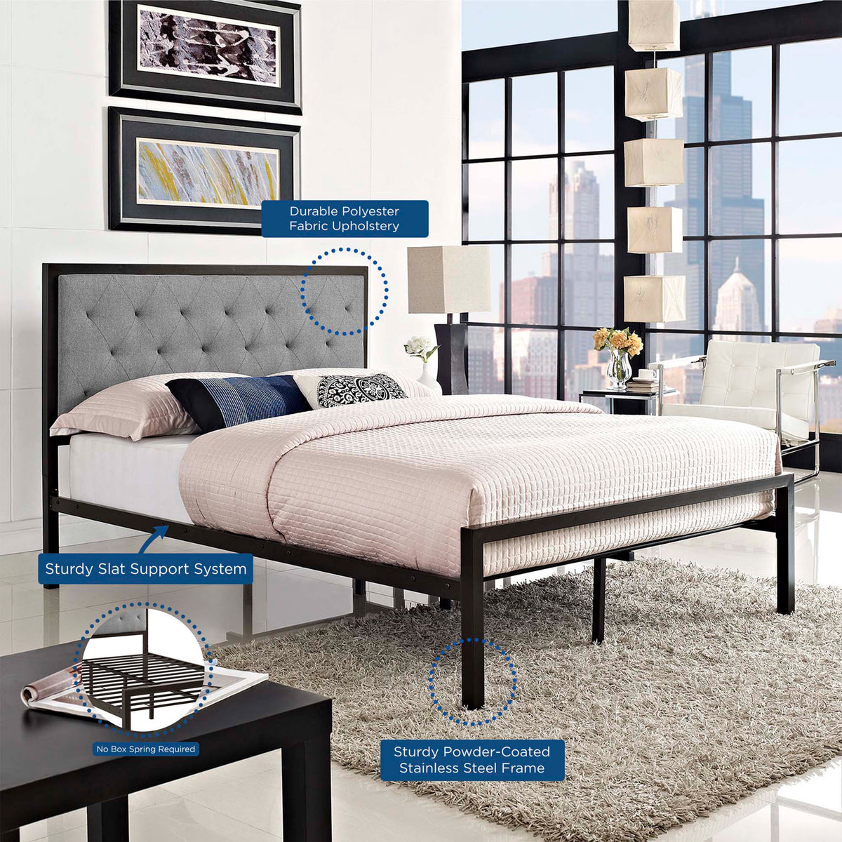 Tufted gray upholstery, a powder-coated metal frame, and steel slat supports complete this platform bed.