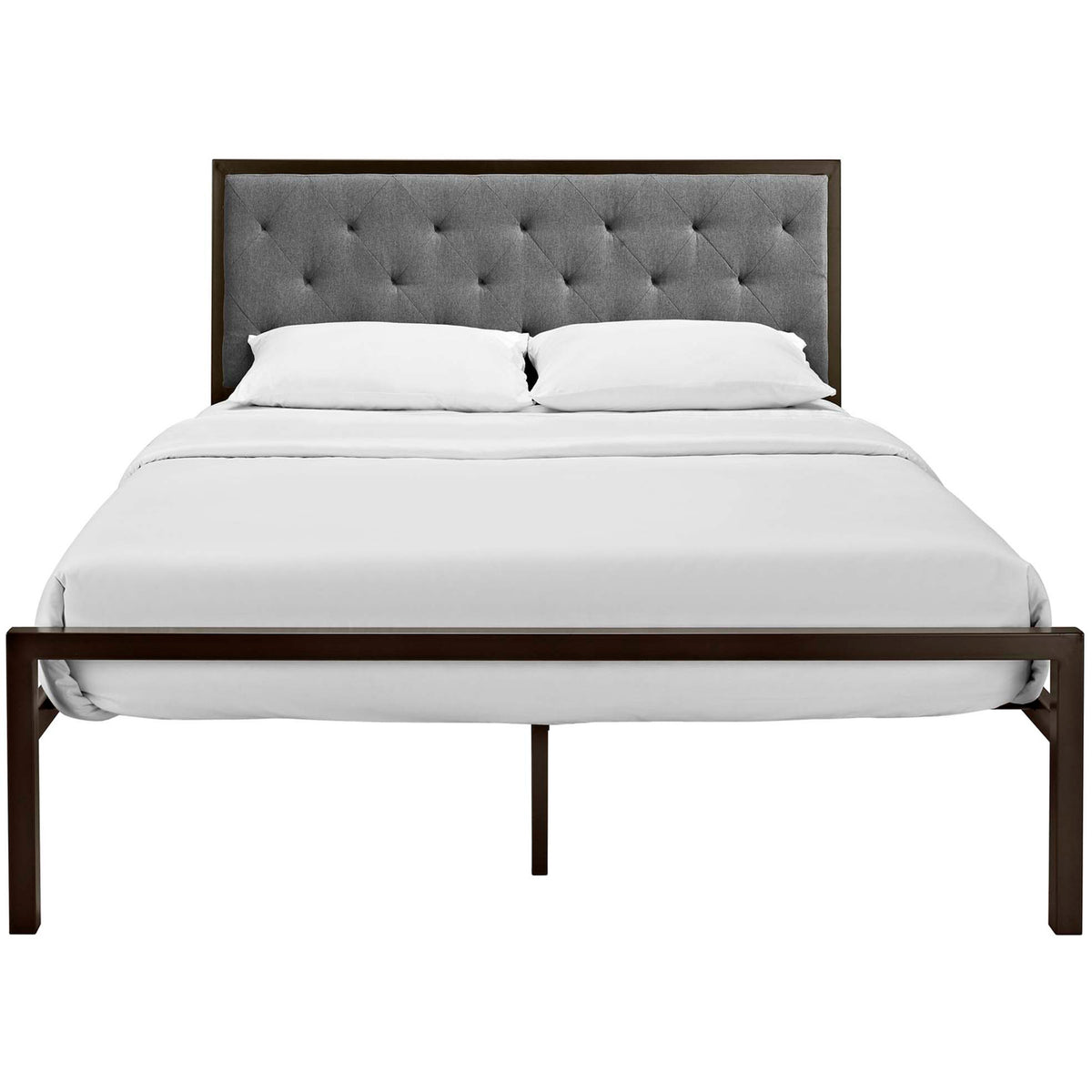 Queen-size platform bed blends a gray tufted headboard, slim metal frame, and crisp white bedding.