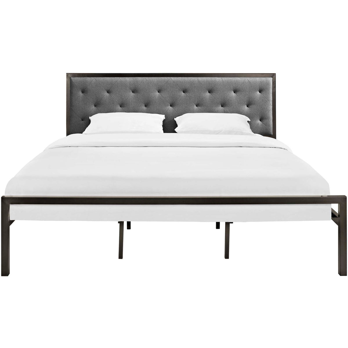 King-size platform bed pairs a wide gray button-tufted headboard with a slim dark metal frame.