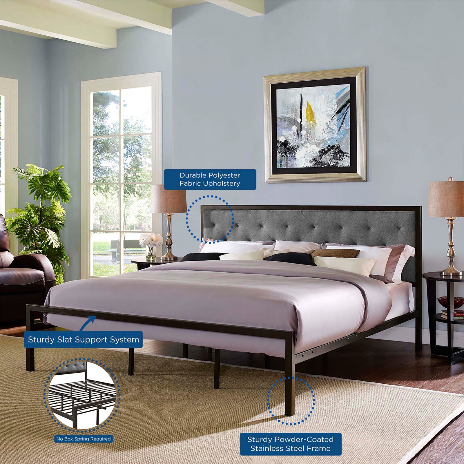 Miles Fabric Platform Bed Brown Gray