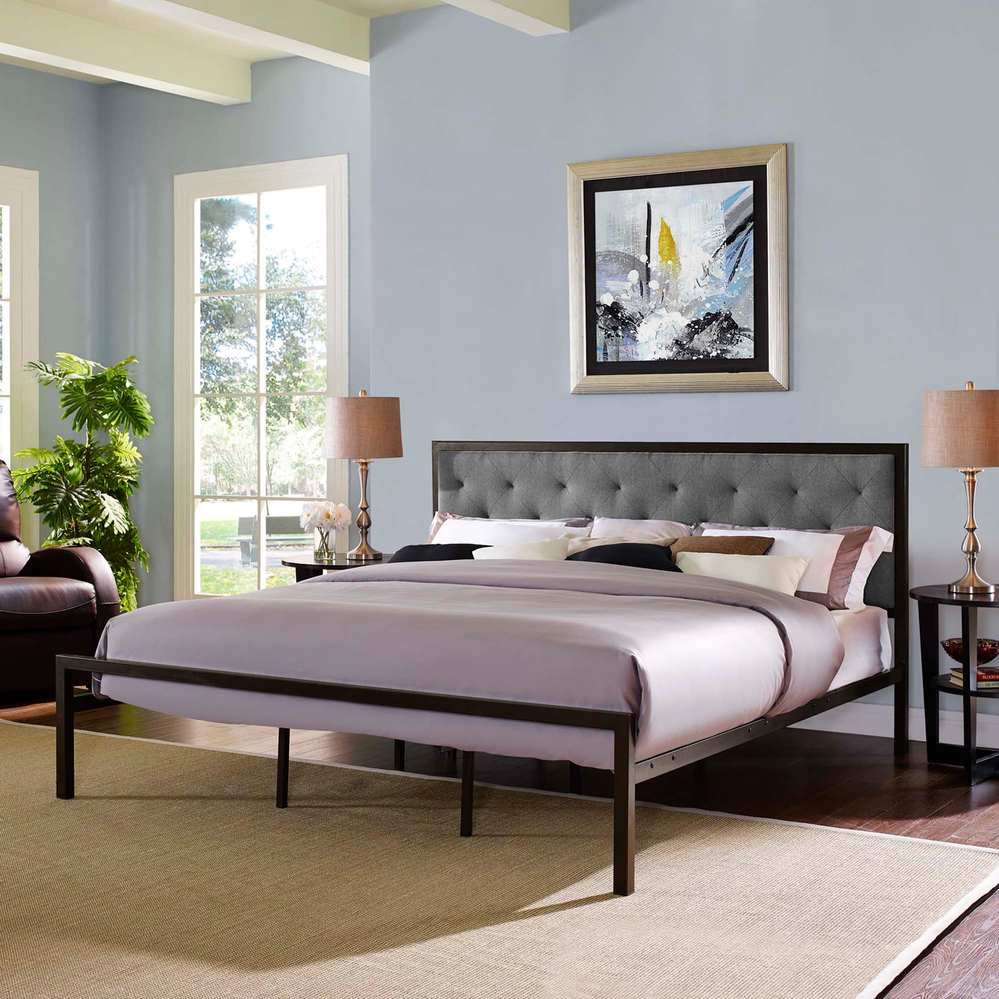 Miles Fabric Platform Bed Brown Gray