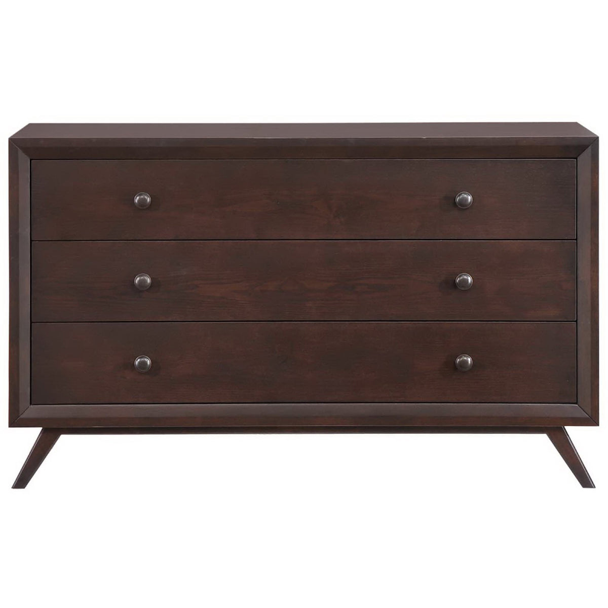 Clean-lined wood dresser features three wide drawers and six round metal knobs || MOD-5241-CAP || front_studio