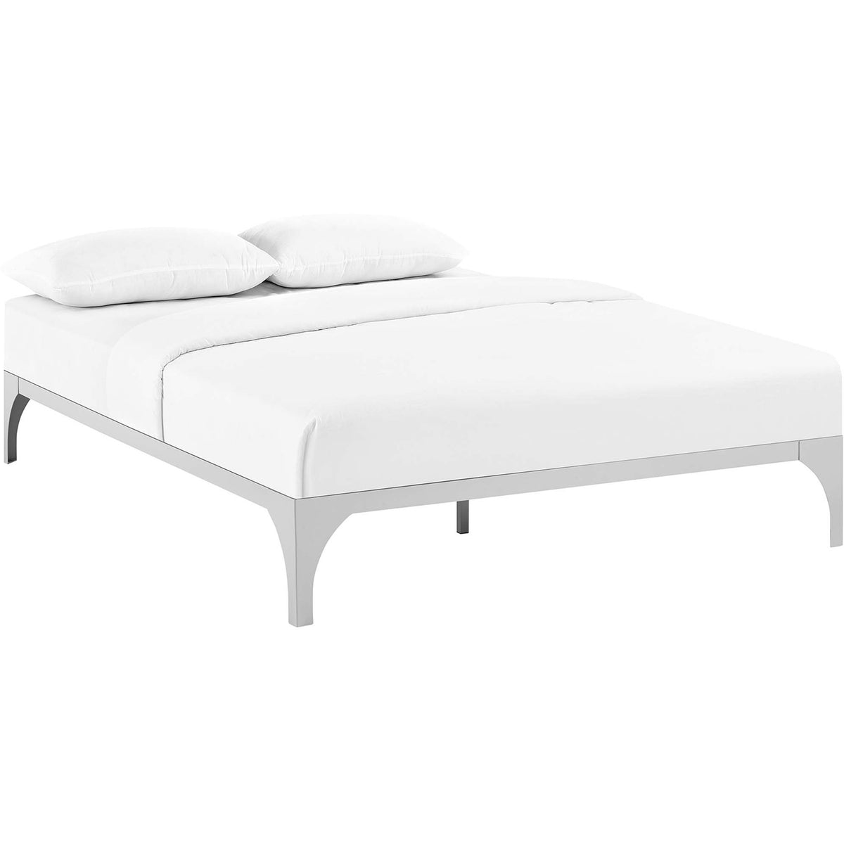 Silver steel platform bed with a slim profile and gently arched legs || MOD-5433-SLV || front_angle_studio