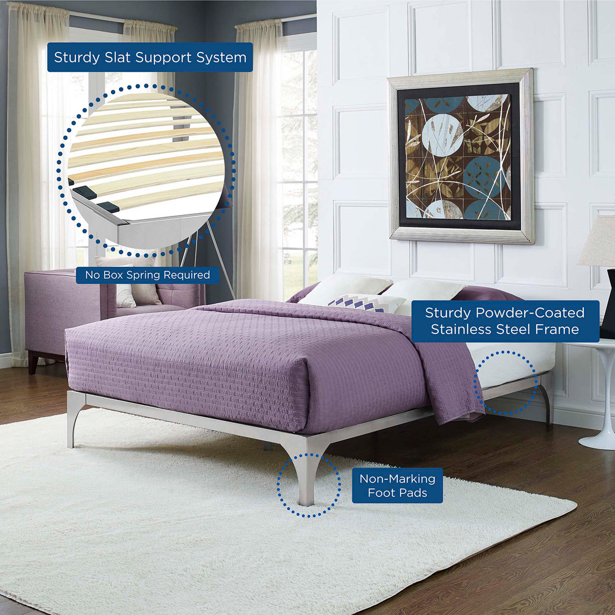 Poplar wood slats support a mattress without a box spring, while non-marking feet help protect floors