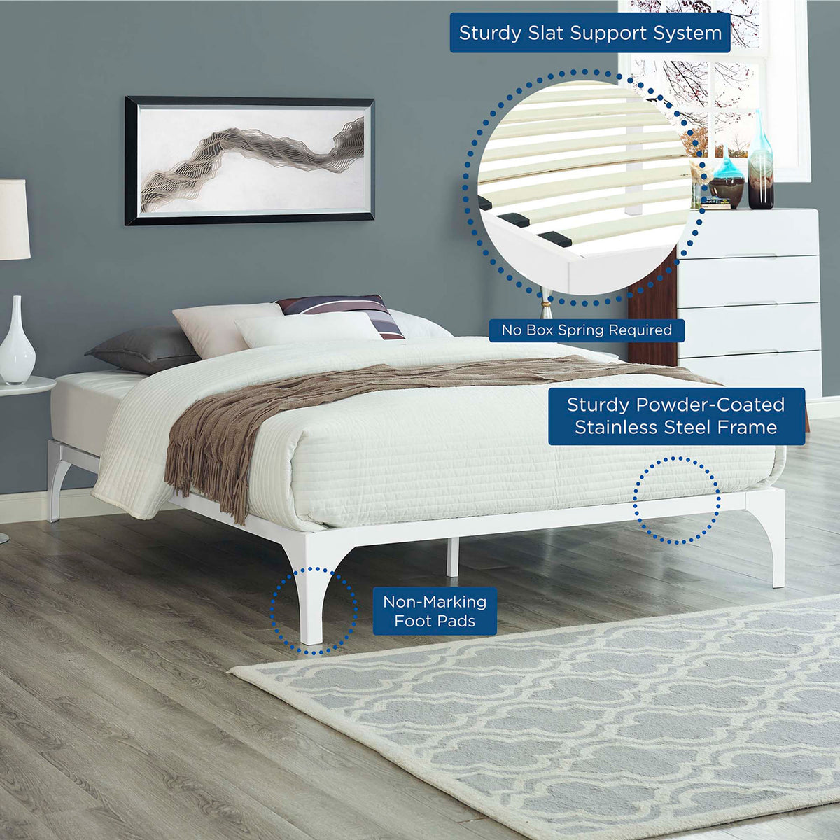 Non-marking foot pads and poplar slats complement the powder-coated white steel frame
