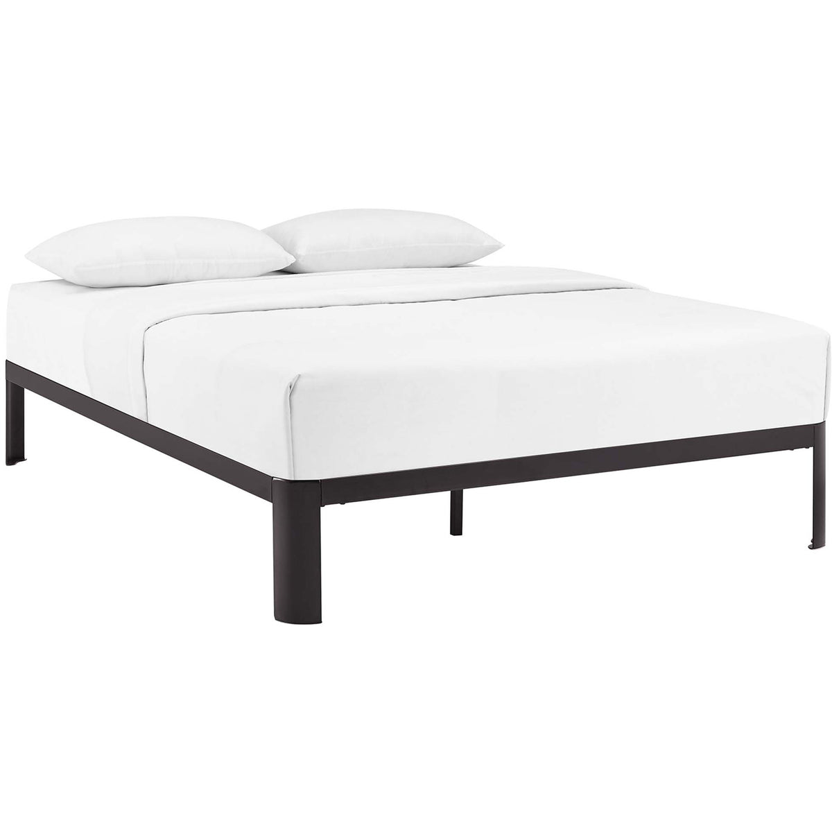 A dark brown platform bed frame lends a sleek, open base to crisp white bedding. || MOD-5469-BRN || front_angle_studio