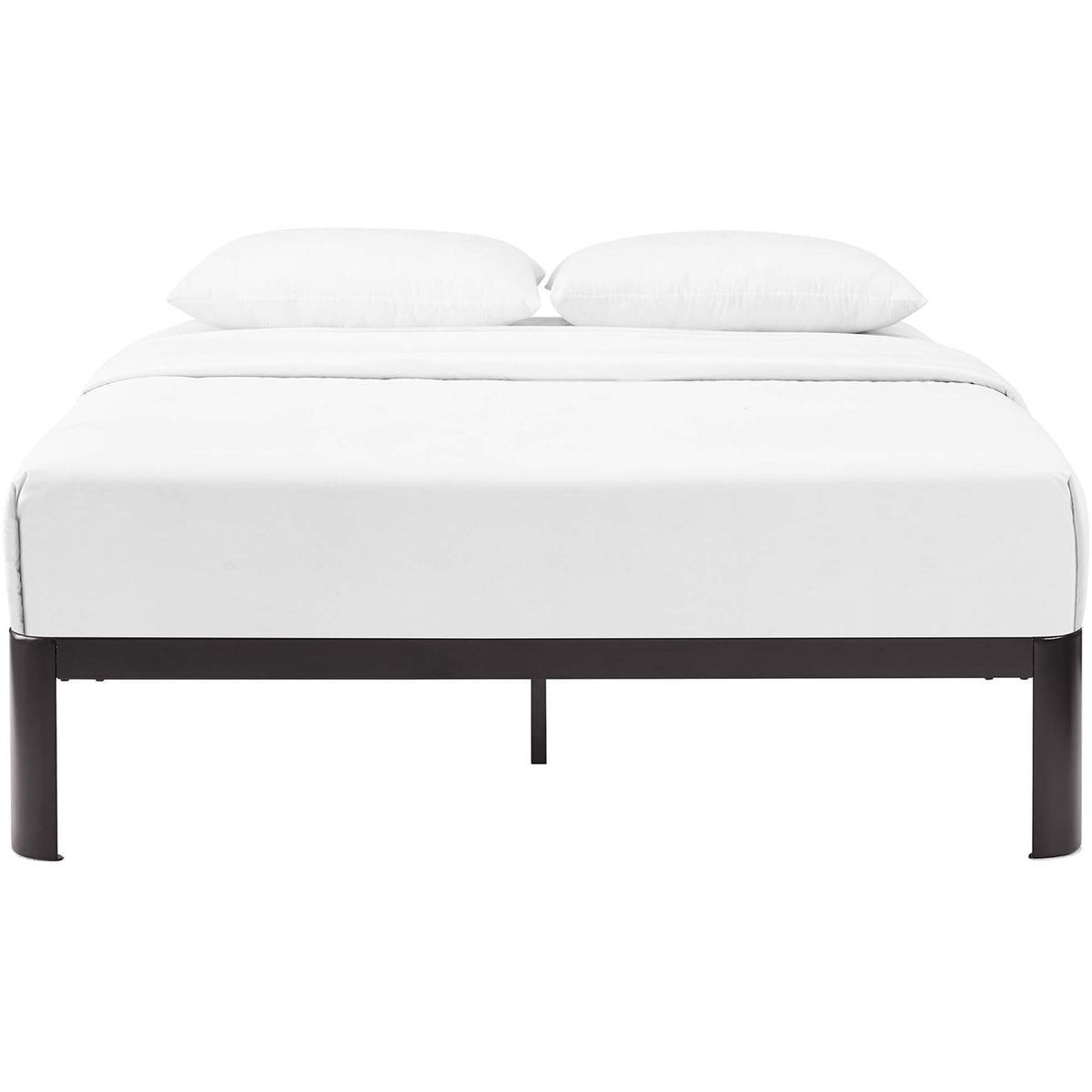 The low-profile brown steel frame supports white bedding with generous space below. || MOD-5469-BRN || front_studio