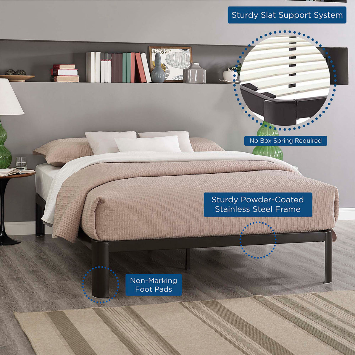 Wood slats, a powder-coated steel frame, and non-marking foot pads provide support without a box spring.