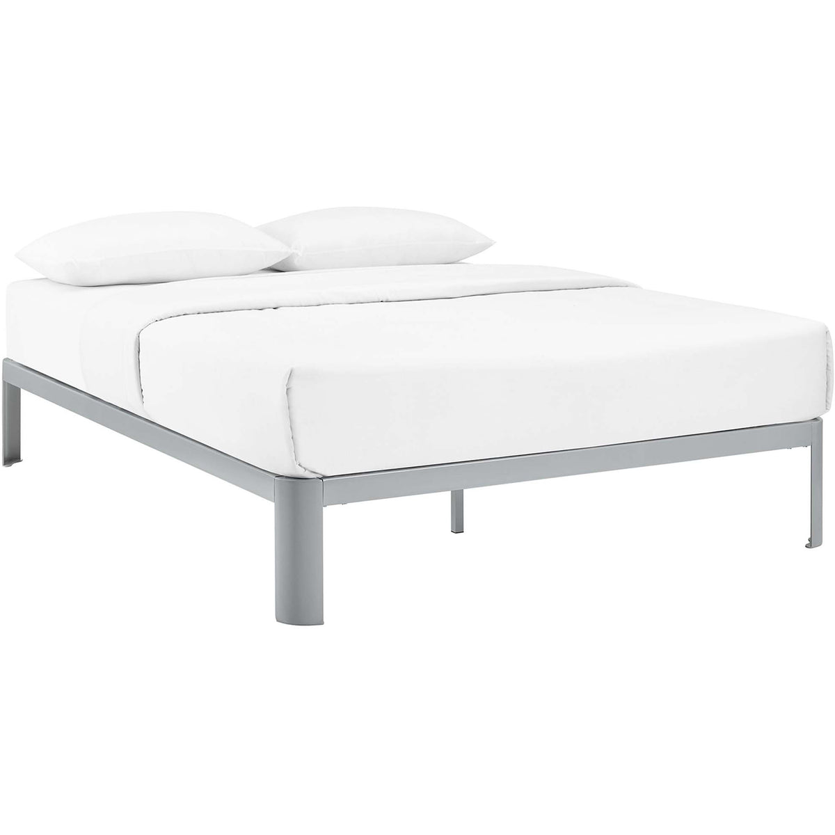 A low-profile gray steel frame gives crisp white bedding a clean, modern foundation. || MOD-5469-GRY || front_angle_studio