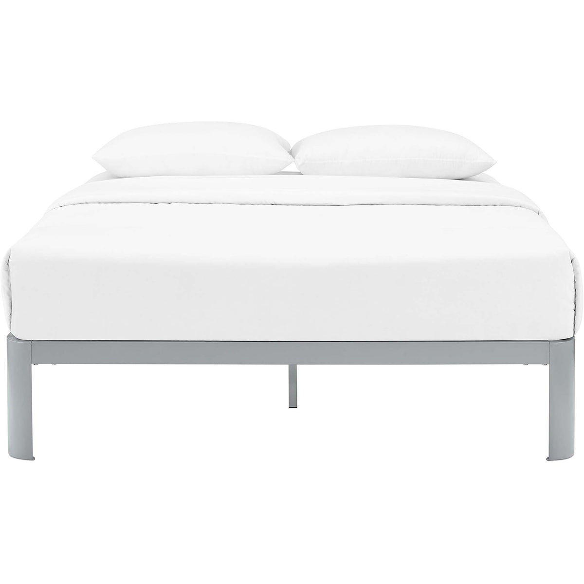 The gray platform bed frame keeps the look airy with a slim rail and open space beneath. || MOD-5469-GRY || front_studio