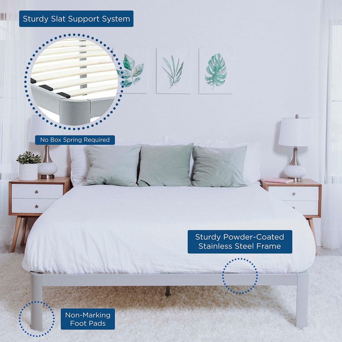 Gray steel rails, wood slats, and non-marking foot pads offer support without a box spring.