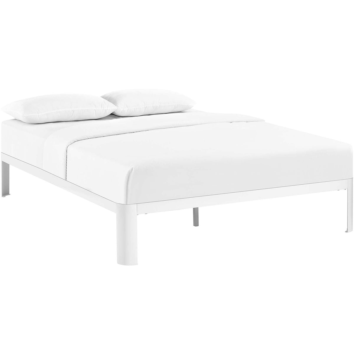 A slim white platform bed frame creates a bright foundation for white bedding. || MOD-5469-WHI || front_angle_studio