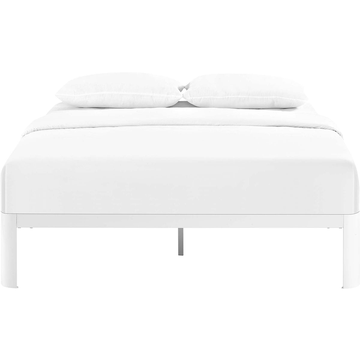 The white metal bed frame keeps a clean, open look beneath plush white bedding. || MOD-5469-WHI || front_studio