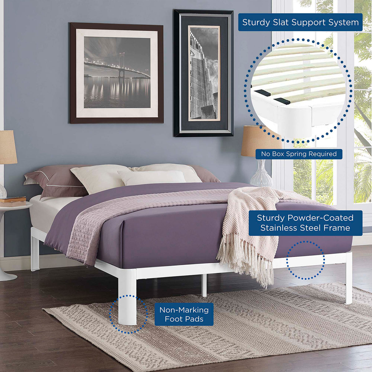 A white steel frame pairs sturdy wood slats with non-marking foot pads for support without a box spring.