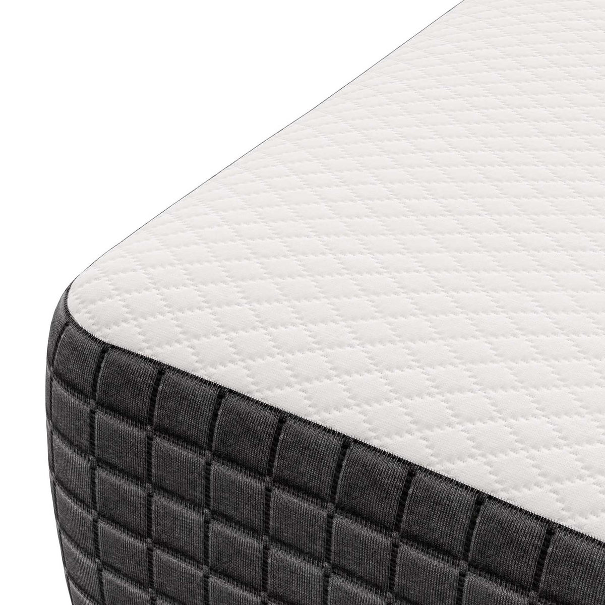 The white diamond-patterned top meets a wide charcoal border stitched in tidy squares.
